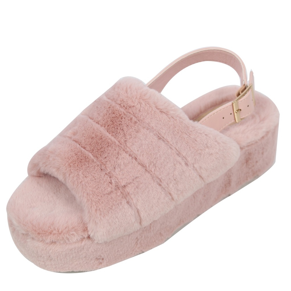 Blush Open Toe Fuzzy Slingback Platform Wed - Picture 2 of 4